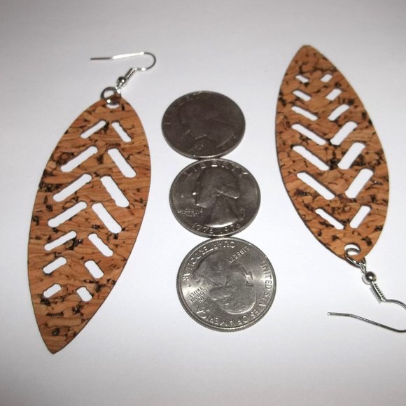 Lightweight Statement Earrings Brown Tan Cork With Silver Leaf Jewelry Set C143 - Picture 4 of 5